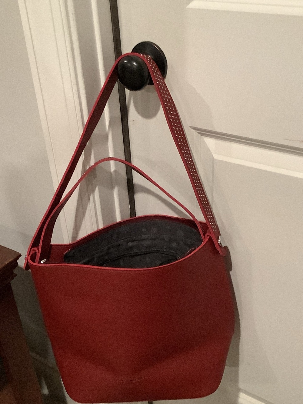 Red Pebbled Shoulder Bag with Studded Strap
